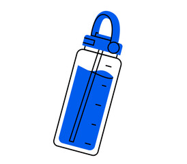Hand drawn cute illustration of sport water bottle. Flat vector fitness equipment doodle. Container for beverage sticker. Wellness or healthy lifestyle icon. Rehydration after workout. Isolated.