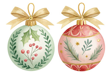 Watercolor Christmas Ornaments with Gold Ribbon and Greenery