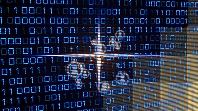 Animation of binary code over icons on black background