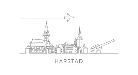 Obraz premium Harstad City Skyline Outline with Airplane
