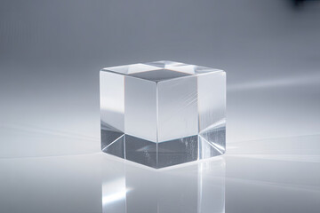 Clear glass cube prism reflecting light on a clean white background with soft focus