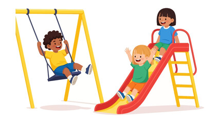 Childhood Playground: An illustration capturing the joy of childhood, featuring three kids playing, with two using a swing and one sliding on a red slide under a sunny sky.