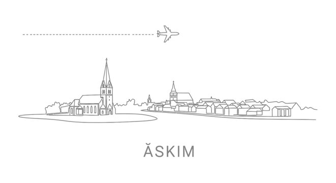 Askim, Norway Cityscape Line Art with Airplane