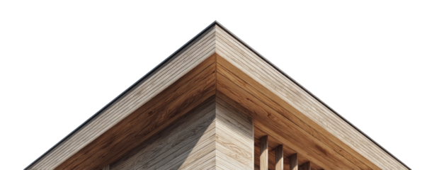 Wooden building corner with a metal roof edge and subtle lighting