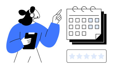 Customer service agent with a headset holding a clipboard, pointing at a marked calendar, star rating system below. Ideal for planning, management, feedback, teamwork, communication, organization