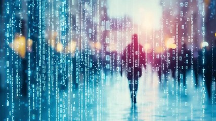 Mystery figure walking through digital environment of glowing vertical binary code in futuristic cityscape, representing cybersecurity and technology - Powered by Adobe