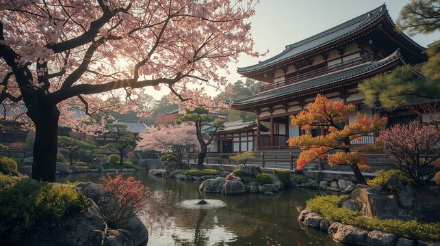 Cinematically ultra-realistic scene of an oriental temple with wooden roofs, cherry blossoms, a reflecting pond, a Zen rock garden and bright spring flowers. The golden sunset creates a meditative, pe