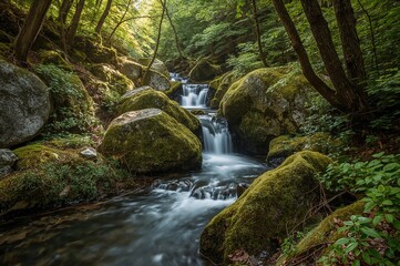 Obraz premium Water flowing through lush green woods
