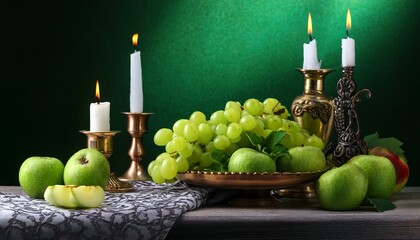 green still life with grapes apples and candlesticks