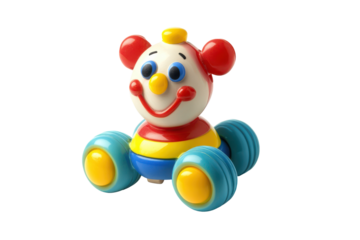Funny clown toy with wheels isolated on transparent background. Children's day toy isolated on white background.