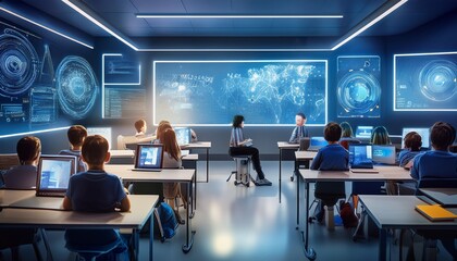 a modern classroom with laptops and interactive screens with students engaged in digital learning