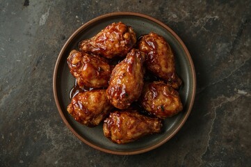 Obraz na płótnie Canvas Glazed chicken wings with honey and soy sauce served on a dish against a dark stone surface. Overhead shot, flat lay, close-up