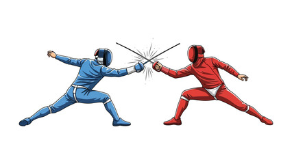 Duel of Champions: Intense moment captured in a fencing match, two fencers clad in protective gear engaged in a dynamic display of skill and strategy. The focus is on the precise movements.