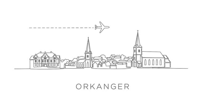 Orkanger, Norway, Skyline Outline with Airplane