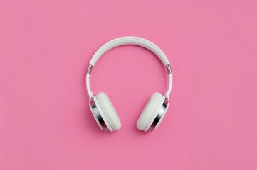 Pink background with stereo headphones and globe symbolizing global music celebration. Overhead perspective with space for text.
