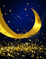 Naklejka premium Gold crescent moon on dark night sky with confetti