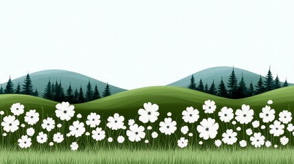 Fototapeta premium A vibrant flower field landscape showcases blooming meadows against stunning hills and a serene forest backdrop. Perfect for design.