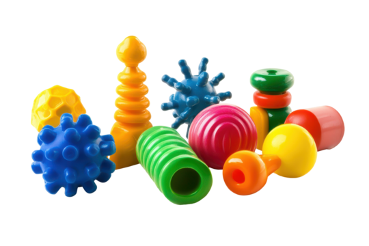 Collection of colorful sensory balls and toys isolated on transparent background. Children's day toy isolated on white background.