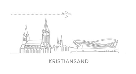 Fototapeta premium Kristiansand Skyline Line Art with Airplane