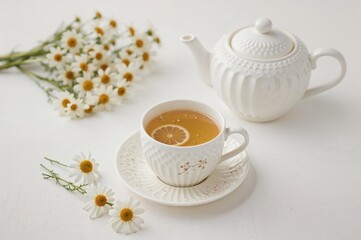 Cup of chamomile tea with teapot on a white background