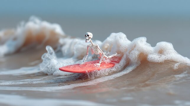 Skeleton practicing surfing at a sunny beach with gentle waves in the background - Powered by Adobe