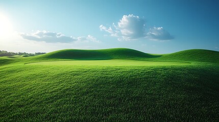 Obraz premium Stunning green golf course landscape with bright sunlight and fluffy white clouds photo