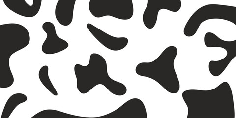 Fototapeta premium Background texture of a white and black cow. Geometric abstract shapes. Milk product packaging. Modern cow skin pattern. Horizontal background