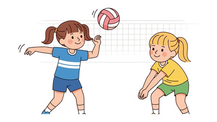 Volleyball game: Two young girls engage in an exciting volleyball match, with one preparing to serve the ball and the other poised to receive it. Captured in a vibrant illustration.