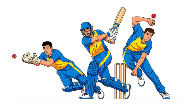 Cricket Action Sequence: Dynamic illustration showing a cricket match moment, capture the movement of the bowler, the batsman, and the fielder. capturing the moment in an artistic illustration 