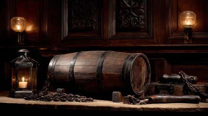 Naklejka premium Dark wooden barrel with vintage accessories