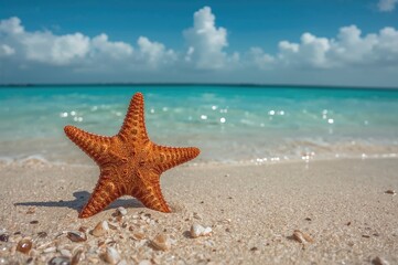 Sea star resting on a sunny shore. Warm season scenery. Exotic sandy coastline.