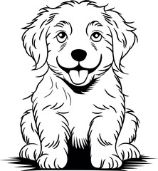 Cute sitting puppy coloring book illustration in black and white. Perfect vector design for dog lovers, kids’ coloring pages, t-shirts, stickers, and more.
