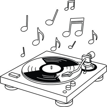 black and white turntable with musical notes clip art preview