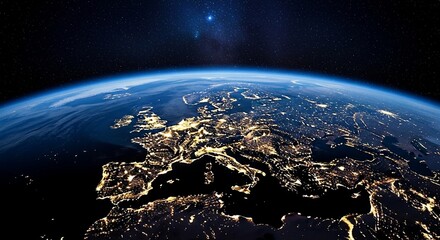 Naklejka premium Nighttime Europe from Space Showing Cities Illuminated by Electricity