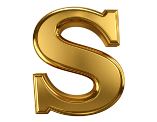  3D Shiny Gold Letter S with Polished Metallic Finish, Isolated on Transparent Background