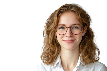 Obraz premium Young woman with curly red hair and glasses smiling isolated on transparent background.