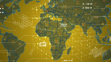Digital animation of data processing over world map against yellow background - Powered by Adobe
