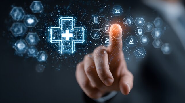 Human Hand Activating Luminous Medical Cross on Futuristic Digital Healthcare Interface with Hexagonal Icons.