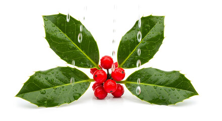 Christmas day a closeup of a holly sprig with bright red berries and green leaves, glistening with water droplets, isolated a