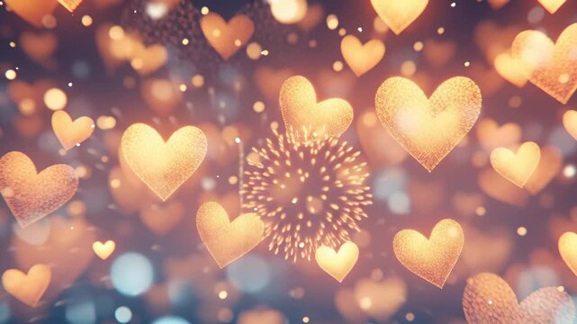 Soft glowing golden heart shapes with sparkles and fireworks in blurred romantic background, symbolizing love and celebration