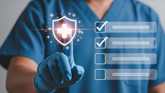 Doctor in medical gloves pressing digital shield with cross icon and checklist interface. Concept of healthcare technology, medical protection, digital health and innovation
