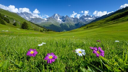Obraz premium Breathtaking alpine meadows bloom with vibrant flowers under a sunny sky, surrounded by majestic mountains, creating an idyllic nature scene.