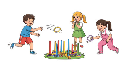 Ring Toss Game: Three playful children engaging in the classic ring toss game, demonstrating hand-eye coordination and joyful interaction. Capturing the delight and fun of childhood leisure.