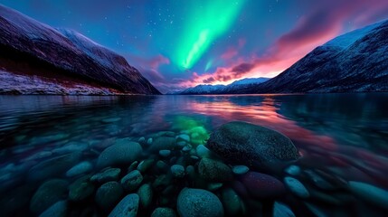 Naklejka premium Breathtaking aurora lights dance over a rocky seashore in Norway, creating a serene and picturesque evening seascape.