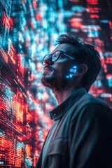 Confident leader surrounded by floating AI data projections