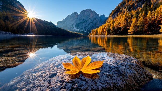Breathtaking autumn landscape featuring a serene lake in the forest, vibrant trees, and sunlight streaming through the foliage.
