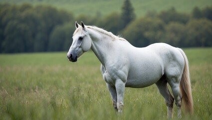 Pure white horse grazing in a scenic outdoor setting
