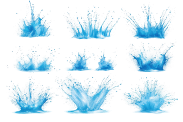 Collection of dynamic blue water splashes isolated on transparent background. Collection set of blue water splashing isolated on white background.