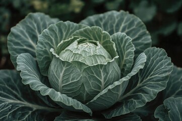 Fototapeta premium Close-up of decorative white and green cabbage in a garden setting