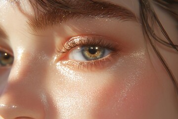 Close-up of a luminous eye with golden highlights and delicate eyelashes.